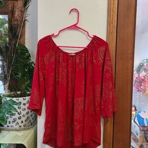 Red and Gold Embellished Women's Holiday Top Fancy Shirt 3/4 Sleeve Shirt